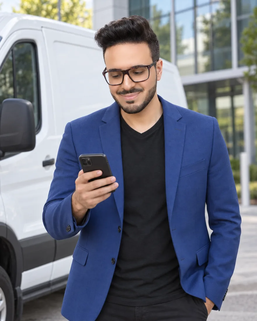 Minias Awadalla mit Smartphone neben einem weißen Firmenwagen